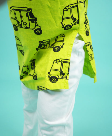 Auto Rickshaw Pattern Boys Kurta Pyjama Set