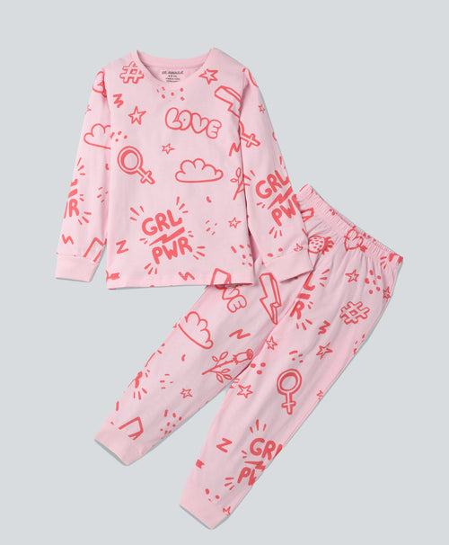 Girl Power Pattern Full Sleeves T-Shirt & Pants Set