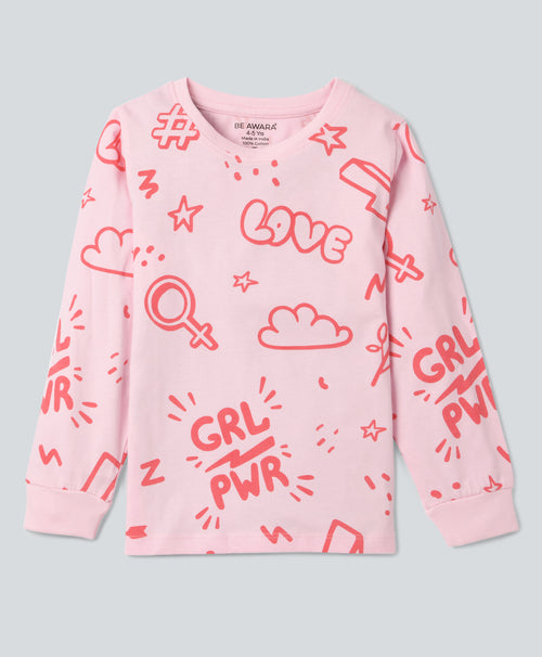 Girl Power Pattern Full Sleeves T-Shirt & Pants Set