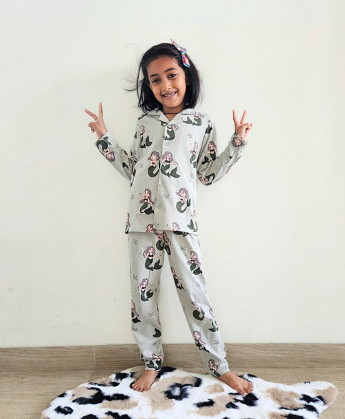 Mermaid Print Kids Full Sleeves Cotton Night Suit