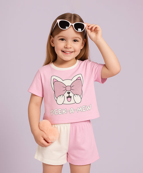 Girls Peek a Mew Glitter Print Oversized T-Shirt & Shorts Set