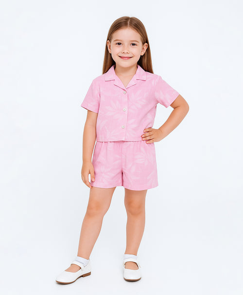 Girls Leaves Print Pink Drop Shoulder Half Sleeves Shirt & Shorts Set