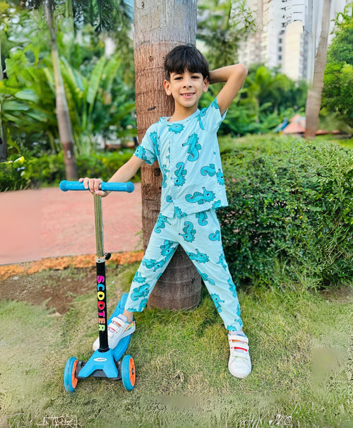 Sea Horse Pattern Kids Half Sleeves Nightwear Pajama Set