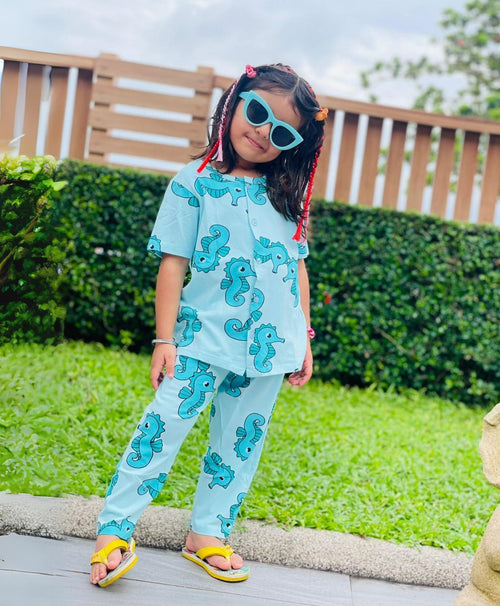Sea Horse Pattern Kids Half Sleeves Nightwear Pajama Set