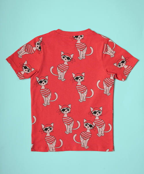 Piracat Pattern Half Sleeves T-Shirt & Shorts Set