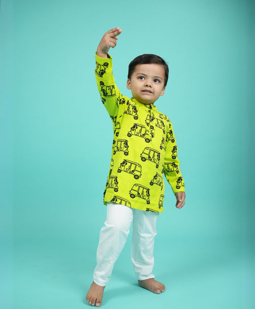 Auto Rickshaw Pattern Boys Kurta Pyjama Set