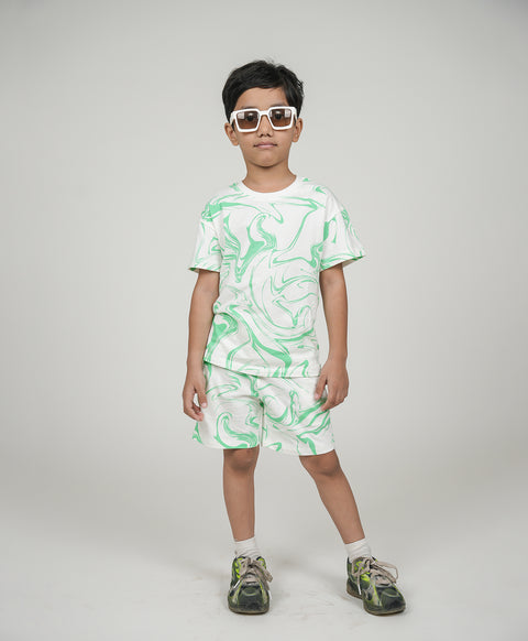 Kids Green Marble Print Drop Shoulder T-Shirt & Shorts Set
