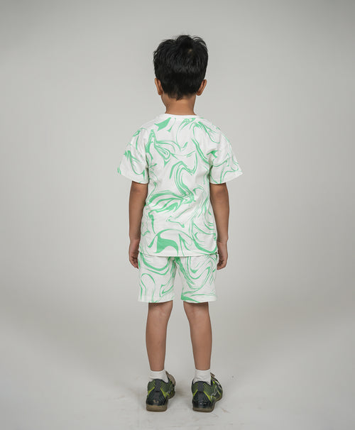 Kids Green Marble Print Drop Shoulder T-Shirt & Shorts Set