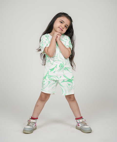 Kids Green Marble Print Drop Shoulder T-Shirt & Shorts Set