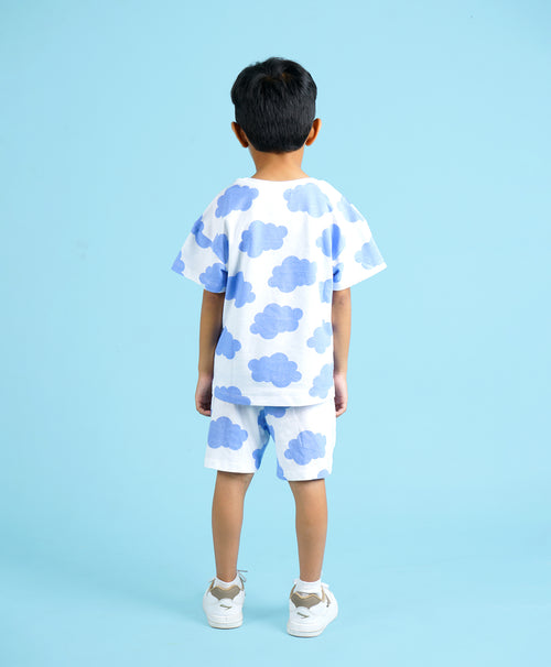 Kids Cloud Print Drop Shoulder T-Shirt & Shorts Set