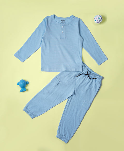 Boys Cool Blue Full Sleeves Henley T-Shirt & Pants Set