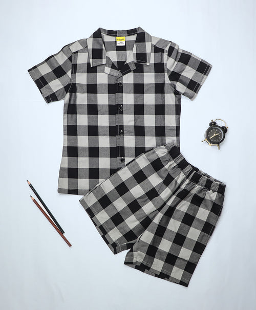 Boys Black-Grey Checks Hawaiian Shirt & Shorts Set