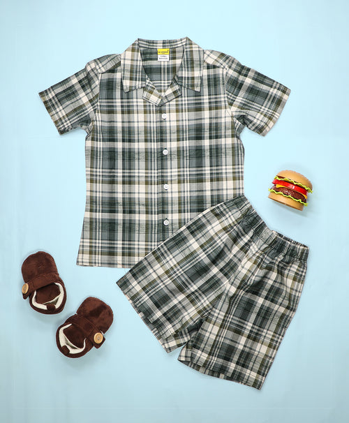 Boys Grey-Green Checks Hawaiian Shirt & Shorts Set