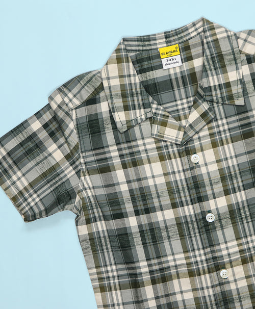Boys Grey-Green Checks Hawaiian Shirt & Shorts Set