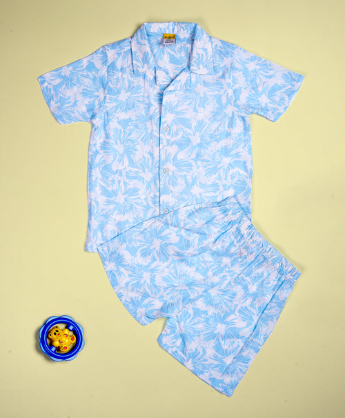 Boys Hibiscus Print Powder Blue Hawaiian Shirt & Shorts Set