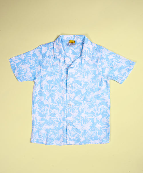 Boys Hibiscus Print Powder Blue Hawaiian Shirt & Shorts Set