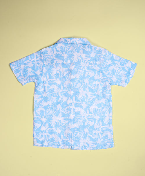 Boys Hibiscus Print Powder Blue Hawaiian Shirt & Shorts Set