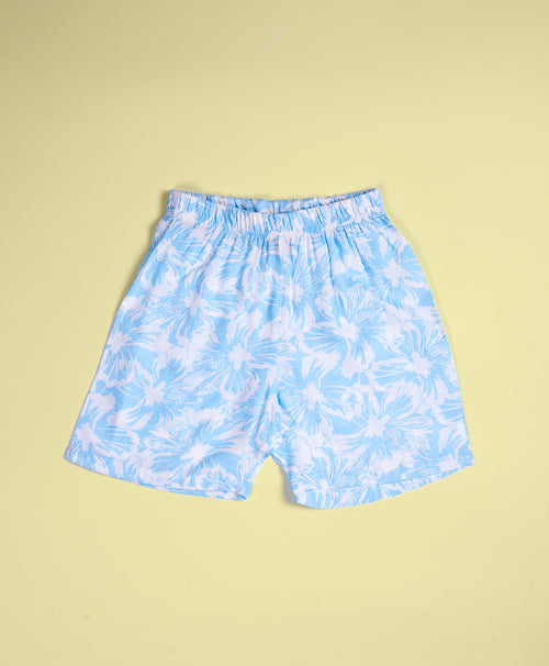 Boys Hibiscus Print Powder Blue Hawaiian Shirt & Shorts Set