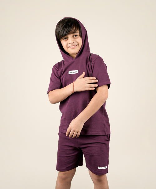 Boys Italian Plum Half Sleeves Hoodie T-Shirt & Shorts Set
