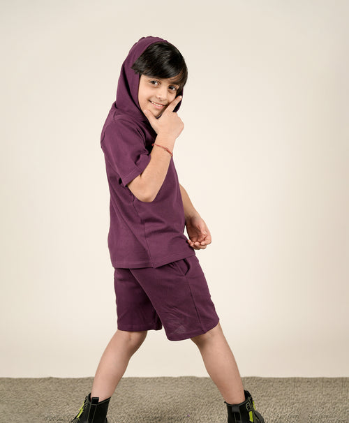 Boys Italian Plum Half Sleeves Hoodie T-Shirt & Shorts Set
