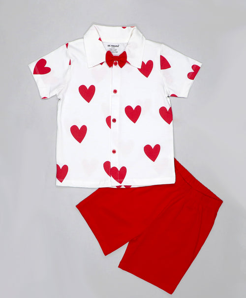 Boys Heart Print Half Sleeves Shirt & Shorts Set With Bow Tie