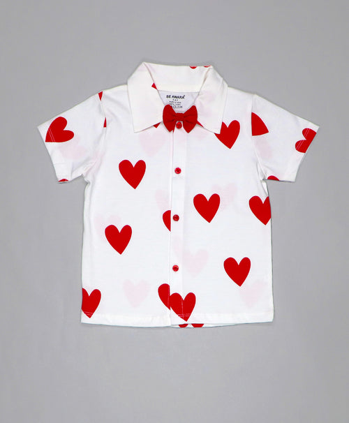 Boys Heart Print Half Sleeves Shirt & Shorts Set With Bow Tie