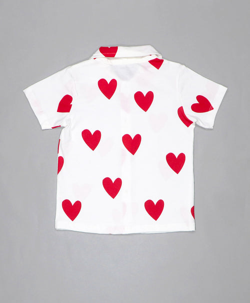 Boys Heart Print Half Sleeves Shirt & Shorts Set With Bow Tie