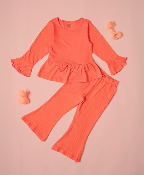 Girls Vermilion Flare Long Sleeve Bow Ruffle Hem A-line Top & Flared Pant Set