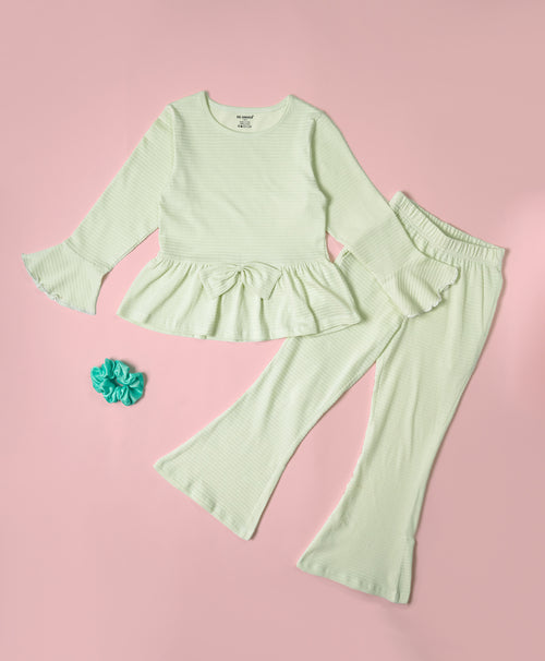 Girls Veiled Vista Flare Long Sleeve Bow Ruffle Hem A-line Top & Flared Pant Set