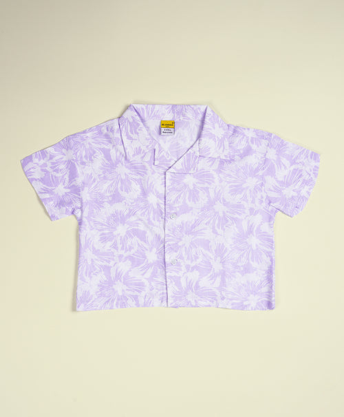 Girls Hibiscus Print Lilac Drop Shoulder Half Sleeves Shirt & Shorts Set