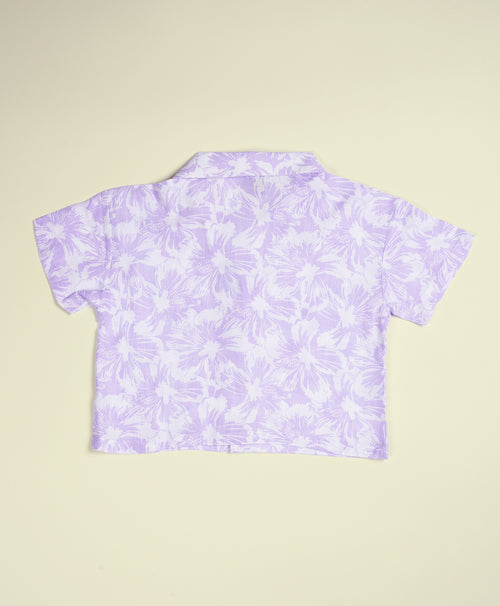 Girls Hibiscus Print Lilac Drop Shoulder Half Sleeves Shirt & Shorts Set