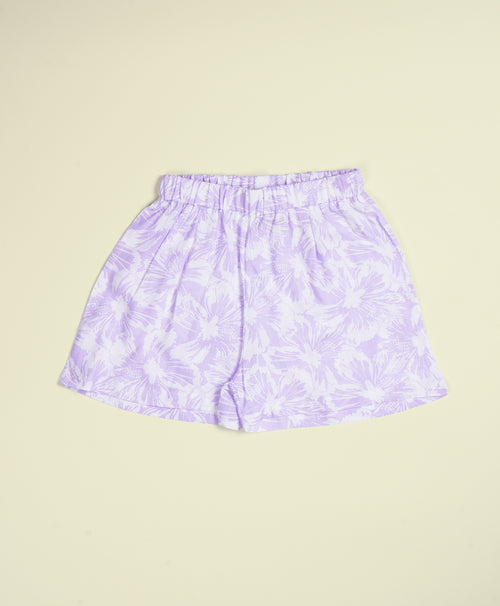 Girls Hibiscus Print Lilac Drop Shoulder Half Sleeves Shirt & Shorts Set