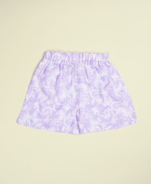 Girls Hibiscus Print Lilac Drop Shoulder Half Sleeves Shirt & Shorts Set