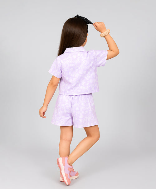 Girls Hibiscus Print Lilac Drop Shoulder Half Sleeves Shirt & Shorts Set
