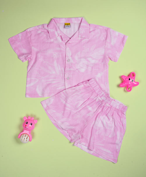 Girls Leaves Print Pink Drop Shoulder Half Sleeves Shirt & Shorts Set