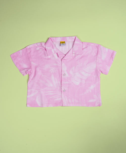 Girls Leaves Print Pink Drop Shoulder Half Sleeves Shirt & Shorts Set