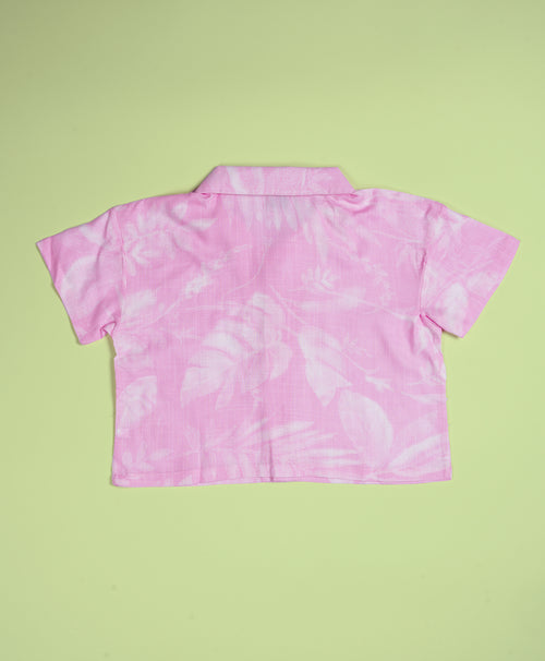 Girls Leaves Print Pink Drop Shoulder Half Sleeves Shirt & Shorts Set