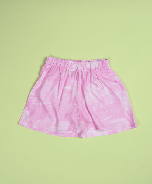 Girls Leaves Print Pink Drop Shoulder Half Sleeves Shirt & Shorts Set