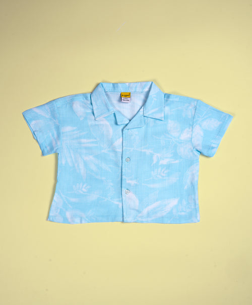 Girls Leaves Print Light Blue Drop Shoulder Half Sleeves Shirt & Shorts Set