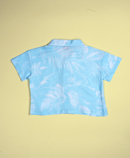 Girls Leaves Print Light Blue Drop Shoulder Half Sleeves Shirt & Shorts Set
