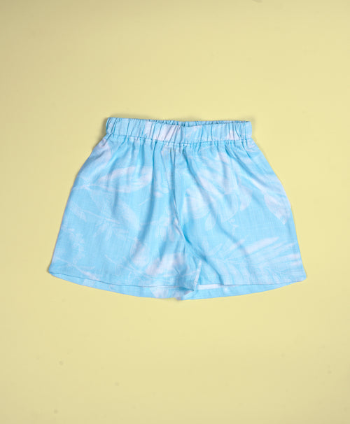 Girls Leaves Print Light Blue Drop Shoulder Half Sleeves Shirt & Shorts Set