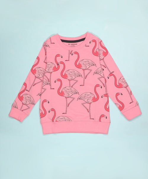 Flamingo Print Girls Sweatshirt & Flared Pants Set