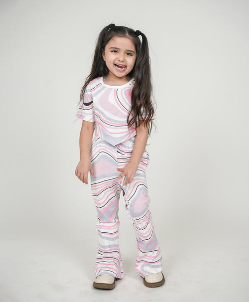 Girls Multicolor Marble Print Hem Tee & Flared Leg Pants Set