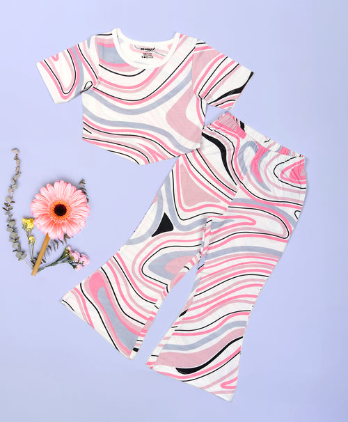 Girls Multicolor Marble Print Hem Tee & Flared Leg Pants Set