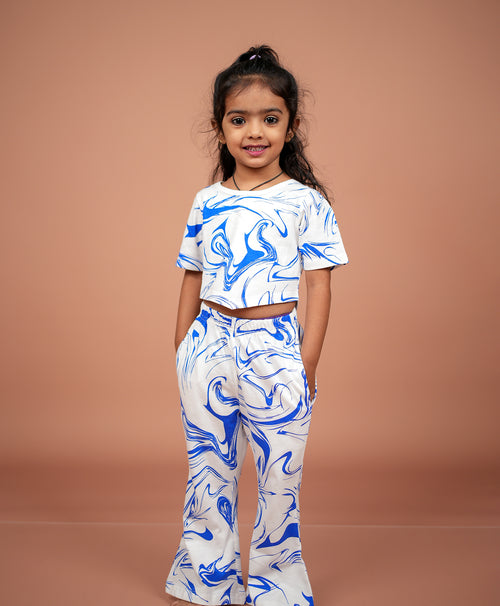 Girls Blue Marble Print Hem Tee & Flared Leg Pants Set