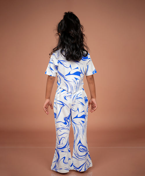Girls Blue Marble Print Hem Tee & Flared Leg Pants Set