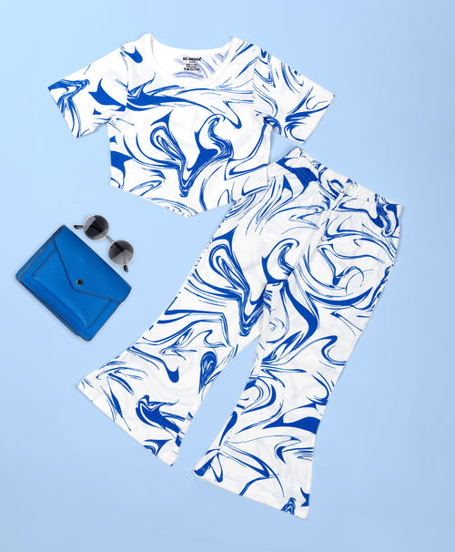 Girls Blue Marble Print Hem Tee & Flared Leg Pants Set
