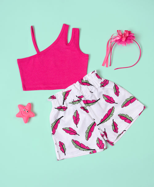 Girls Leaf Print One Shoulder Strap Top & Shorts Set