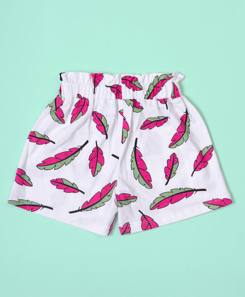 Girls Leaf Print One Shoulder Strap Top & Shorts Set