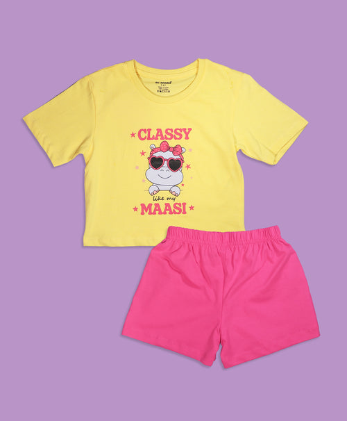 Girls Classy Like My Maasi Print Oversized Crop T-Shirt & Shorts Set